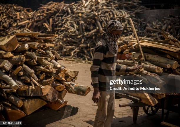 Worker loads logs of wood that will be used in the funeral pyres for the last rites of the patients who died of the Covid-19 coronavirus at a...