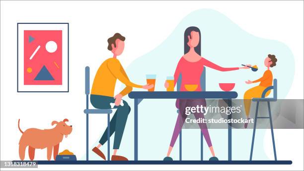 ilustrações, clipart, desenhos animados e ícones de família moderna tomando café da manhã em casa - mesa cafe da manha