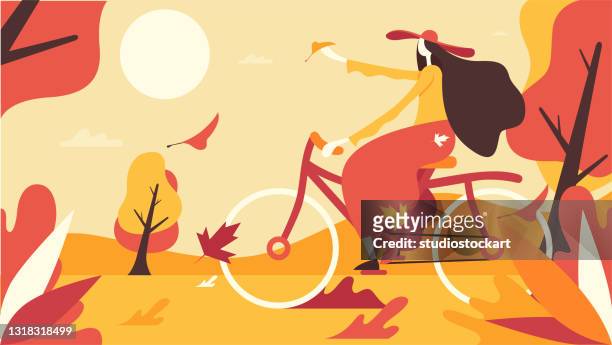 frau fährt fahrrad im wald - fitnesspark stock-grafiken, -clipart, -cartoons und -symbole