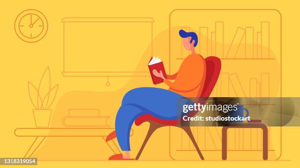 man reading book - bookshelf vector stock illustrations