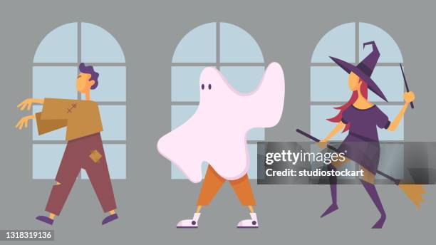 witches on halloween - carving pumpkins stock illustrations