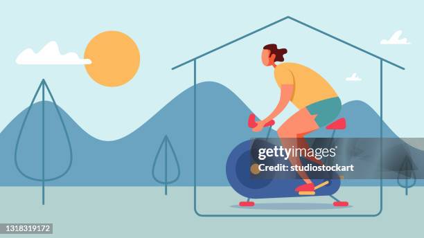 ilustraciones, imágenes clip art, dibujos animados e iconos de stock de hombre que monta en bicicleta estacionaria se queda en casa - home interior