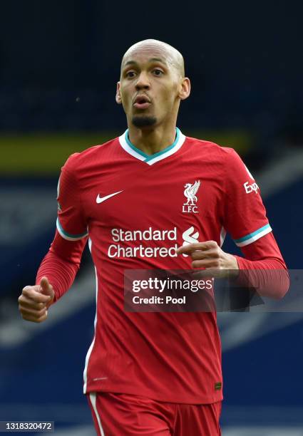 Fabinho of Liverpool looks on during the Premier League match between West Bromwich Albion and Liverpool at The Hawthorns on May 16, 2021 in West...