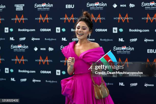 Samira Efendi of Azerbaijan arrives at the 65th Eurovision Song Contest held at Rotterdam Ahoy on May 16, 2021 in Rotterdam, Netherlands.