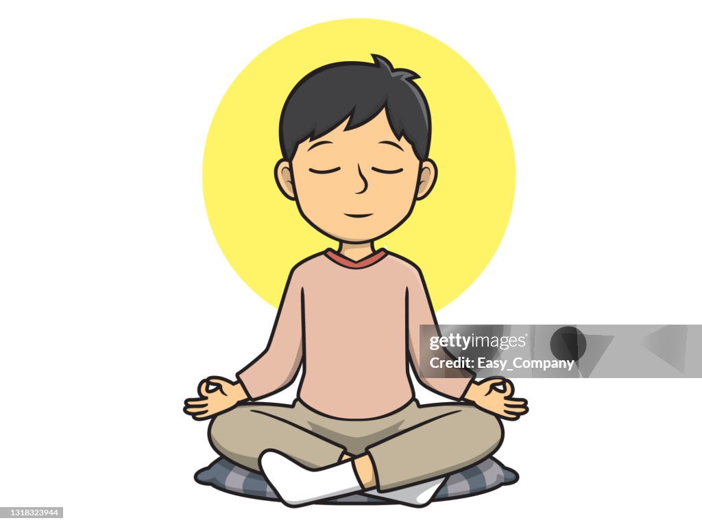 Cartoon Image Of A Man Sitting In A Sitting Posture Practicing Meditation  With A Yellow Light Surrounding High-Res Vector Graphic - Getty Images