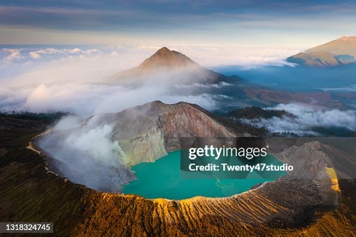 Aerial view of Misty Volcano of Kawah Ijen crater in East Java Aerial view of Misty Volcano of Kawah Ijen crater in East Java