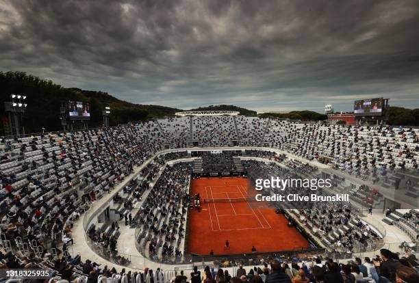 General view of Novak Djokovic of Serbia playing Rafael Nadal of Spain in the men's final at Foro Italico on May 16, 2021 in Rome, Italy.