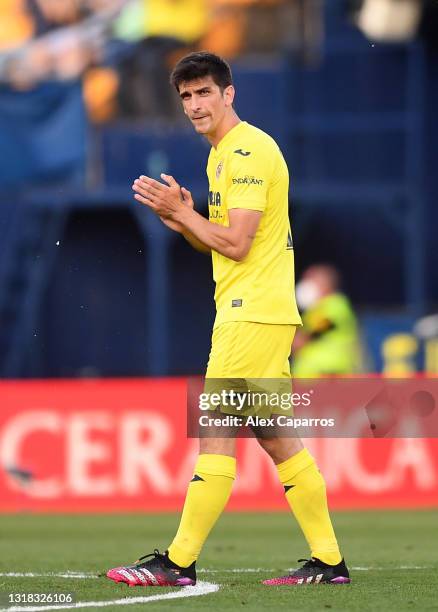 Gerard Moreno of Villarreal CF celebrates after scoring their side's third goal during the La Liga Santander match between Villarreal CF and Sevilla...