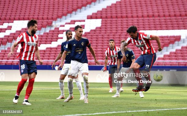 Stefan Savic of Atletico Madrid scores a goal which was later disallowed by VAR during the La Liga Santander match between Atletico de Madrid and...