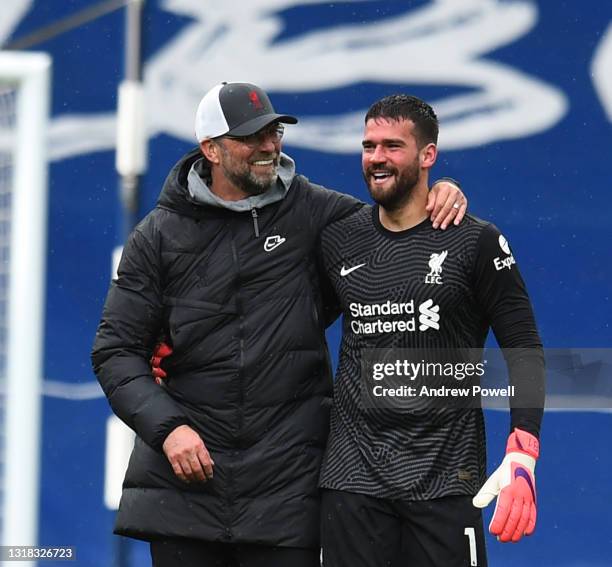 Jurgen Klopp manager of Liverpool with Alisson Becker of Liverpool at the end of the game during the Premier League match between West Bromwich...