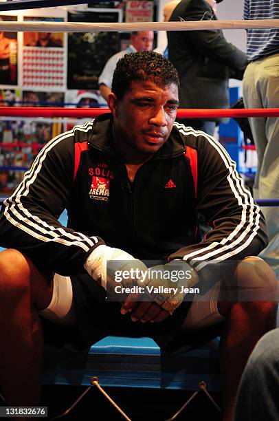 No. 2 and Olympic Gold Medalist boxer Odlanier 'La Sombra' Solis attend the Don King Productions Fighter media works out At Angelo Dundee's 5th...