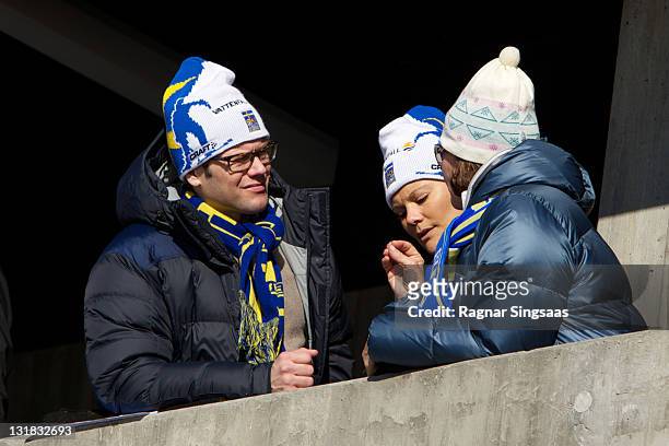 Prince Daniel of Sweden, Princess Victoria of Sweden and Queen Silvia of Sweden attend the Ladie's 30km Mass Start Free in the FIS Nordic World Ski...