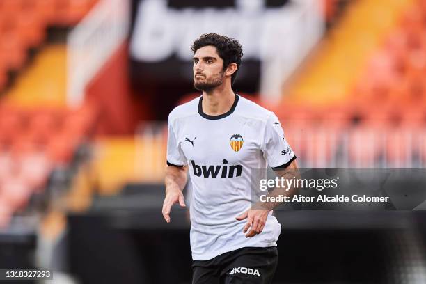 Goncalo Guedes of Valencia CF celebrates after scoring their side's fourth goal during the La Liga Santander match between Valencia CF and SD Eibar...