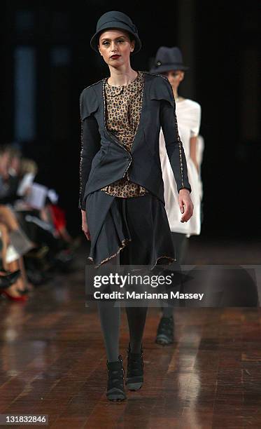 Model showcases designs by Magdalena Velevska on the catwalk during the Myer Autumn/Winter Season Launch 2011 Show at The Royal Exhibition Building...