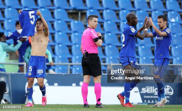 Takefusa Kubo of Getafe CF celebrates after scoring their team's second goal during the La Liga Santander match between Getafe CF and Levante UD at...