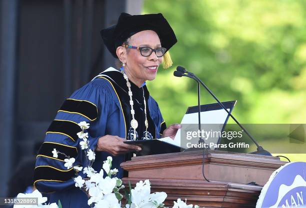 Dr. Mary Schmidt Campbell, president of Spelman College, speaks onstage during 2020 & 2021 Spelman College Commencement at Bobby Dodd Stadium on May...