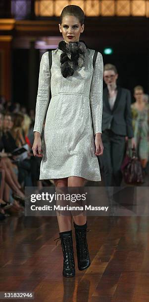 Model showcases designs by Kate Sylvester on the catwalk during the Myer Autumn/Winter Season Launch 2011 Show at The Royal Exhibition Building on...