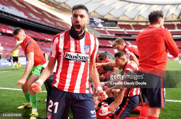 Yannick Ferreira Carrasco of Atletico Madrid celebrates Atletico de Madrid's second goal scored by Luis Suarez during the La Liga Santander match...