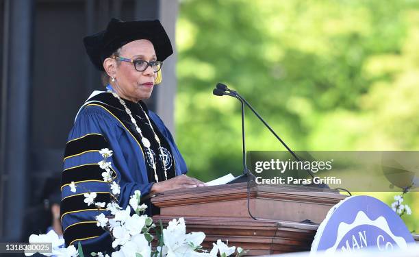 Dr. Mary Schmidt Campbell, president of Spelman College, speaks onstage during 2020 & 2021 Spelman College Commencement at Bobby Dodd Stadium on May...