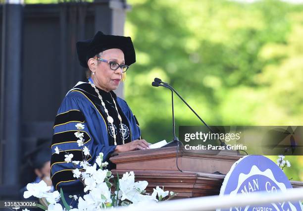 Dr. Mary Schmidt Campbell, president of Spelman College, speaks onstage during 2020 & 2021 Spelman College Commencement at Bobby Dodd Stadium on May...