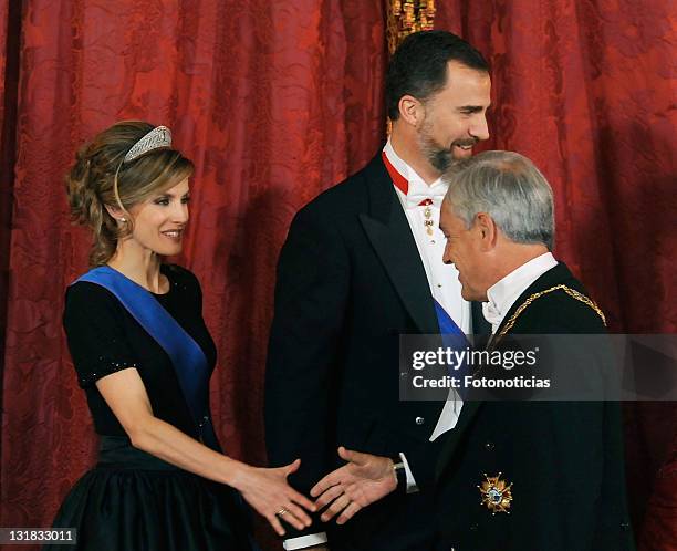 Princess Letizia of Spain, President Sebastian Pinera and Prince Felipe of Spain attend a gala dinner in honour of Chilean President Sebastian Pinera...