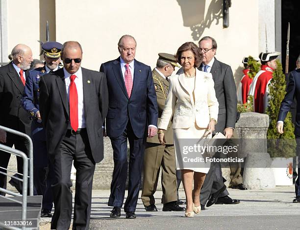 King Juan Carlos I of Spain and Queen Sofia of Spain receive the President of Chile Sebastian Pinera and his wife Cecilia Morel de Pinera at El Pardo...