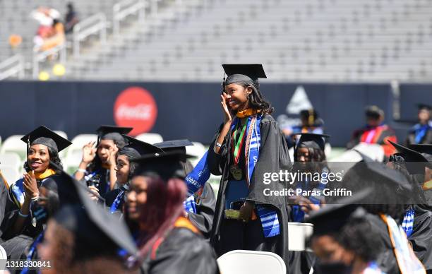 Spelman College graduate participate in 2020 & 2021 Spelman College Commencement at Bobby Dodd Stadium on May 16, 2021 in Atlanta, Georgia. Spelman...