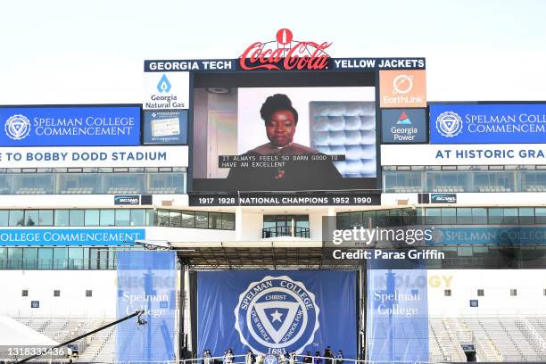 Actress Danai Gurira speaks virtually to the class of 2020 during Spelman College Commencement at Bobby Dodd Stadium on May 16, 2021 in Atlanta,...