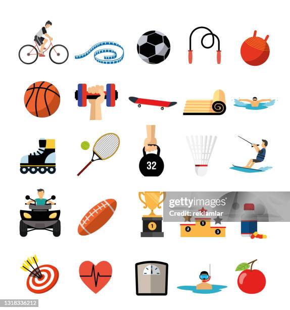 indoor and outdoor sport activities and sport equipment flat design vector icon stock illustration set on white background. set of fitness, workout, gym related line icons for mobile and web. - tennis ball icon stock illustrations