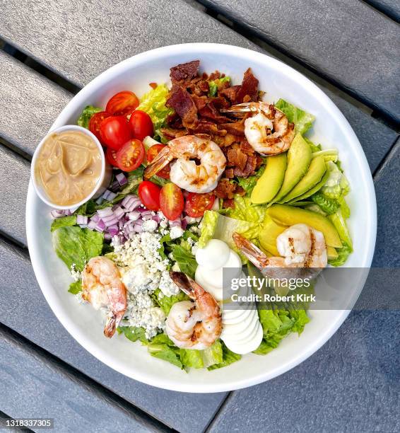 cobb salad with grilled shrimp - cobb salad stock pictures, royalty-free photos & images