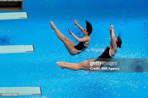 Anna Pysmenska of Ukraine and Viktoriya Kesar of Ukraine competing at the Women Synchronised 3m Final during the LEN European Aquatics Championships...