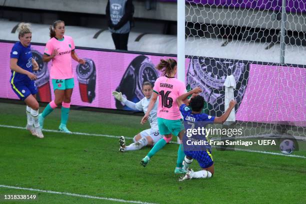 Caroline Graham Hansen of FC Barcelona scores their side's fourth goal during the UEFA Women's Champions League Final match between Chelsea FC and...