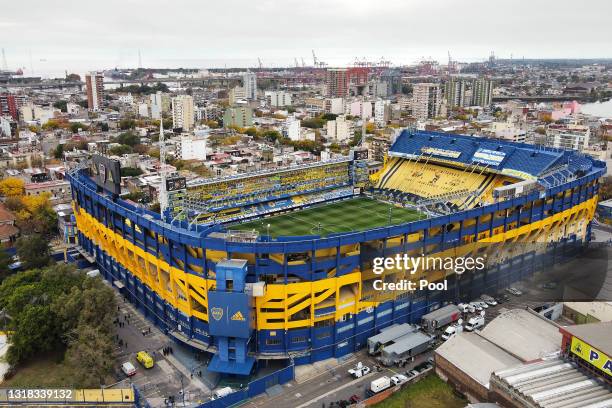 Aerial view of Estadio Alberto J. Armando before a quarter final match of Copa De La Liga Profesinal 2021 beteween Boca Juniors and River Plate on...