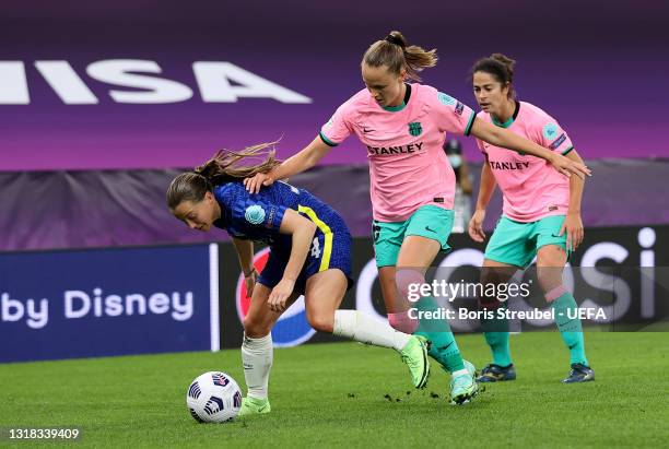 Fran Kirby of Chelsea is challenged by Caroline Graham Hansen of FC Barcelona during the UEFA Women's Champions League Final match between Chelsea FC...