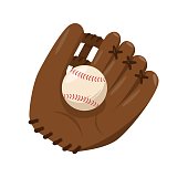 Baseball leather brown catching glove with ball.