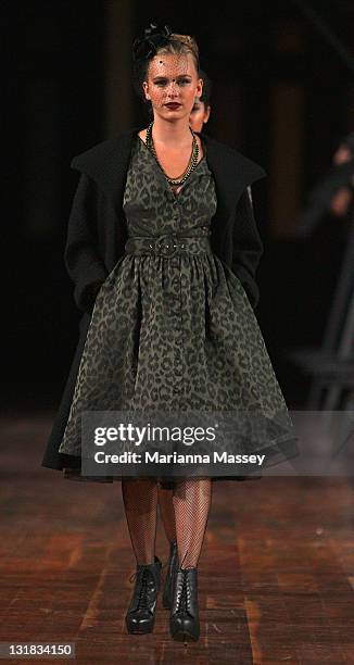 Model showcases designs by Elona Edmiston on the catwalk during the Myer Autumn/Winter Season Launch 2011 Show at The Royal Exhibition Building on...