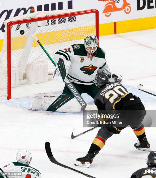 Cam Talbot of the Minnesota Wild defends the net against Chandler Stephenson of the Vegas Golden Knights in the first period of Game One of the First...