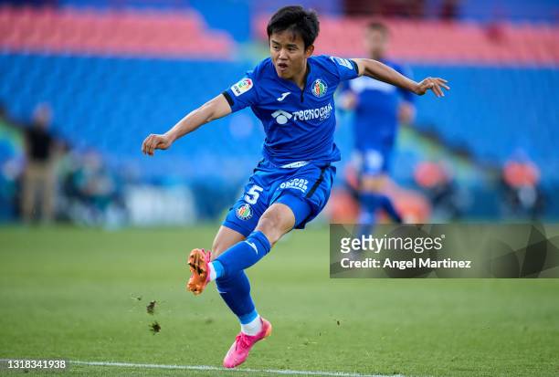 Take Kubo of Getafe CF scores their team's second goal during the La Liga Santander match between Getafe CF and Levante UD at Coliseum Alfonso Perez...