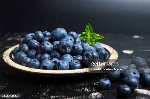 fresh blueberry fruit on a plate - arando imagens e fotografias de stock