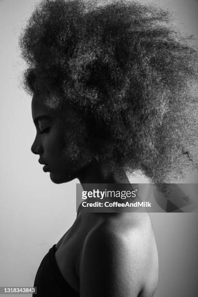 hermosa chica con peinado rizado - afro woman fotografías e imágenes de stock