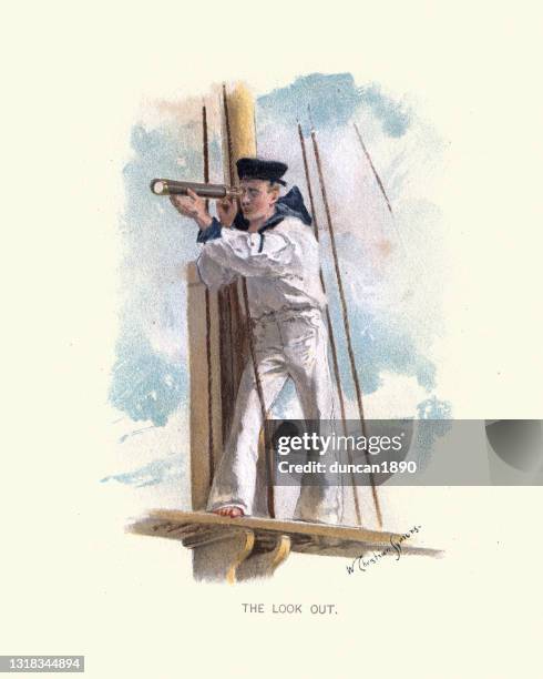 royal navy matrose auf blick auf den mast, mit teleskop, britische viktorianische militär, 19. jahrhundert - lookout tower stock-grafiken, -clipart, -cartoons und -symbole