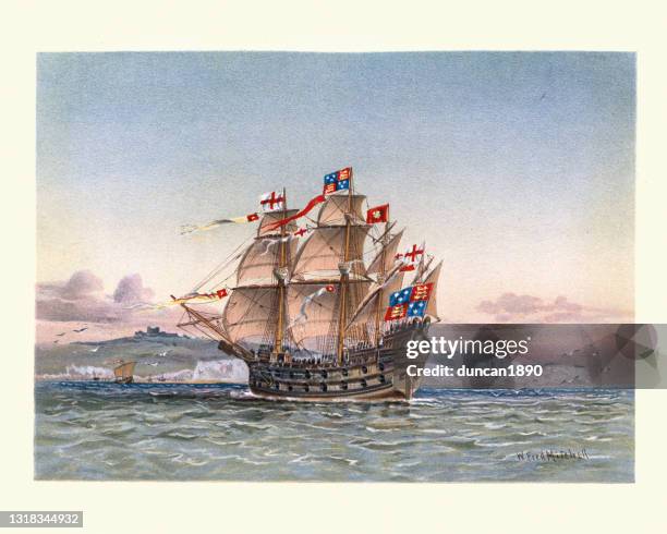 great harry, or henry grace a dieu, english carrack warship, 16th century - old battleship stock illustrations