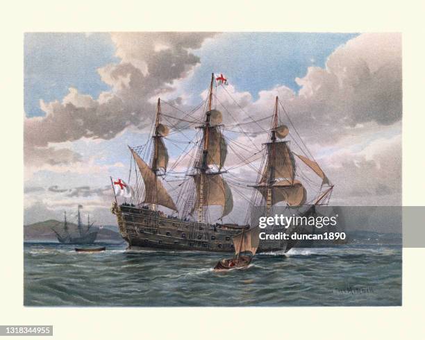 ilustraciones, imágenes clip art, dibujos animados e iconos de stock de acorazado inglés de mediados del siglo xvii, buque de guerra royal navy - estilo siglo xvii