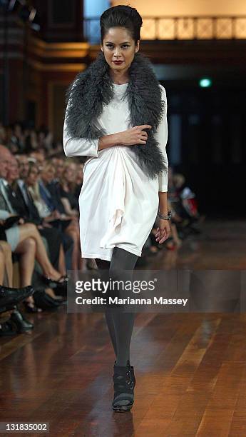 Model showcases designs by Magdalena Velevska on the catwalk during the Myer Autumn/Winter Season Launch 2011 Show at The Royal Exhibition Building...