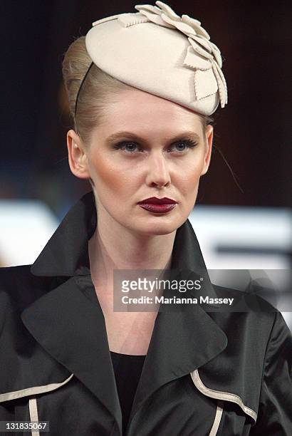 Model showcases designs by Politix on the catwalk during the Myer Autumn/Winter Season Launch 2011 Show at The Royal Exhibition Building on March 1,...