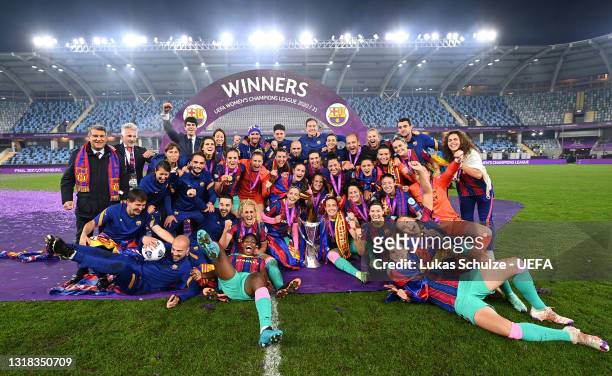 Barcelona players and staff celebrate with the UEFA Women's Champions League trophy following the UEFA Women's Champions League Final match between...