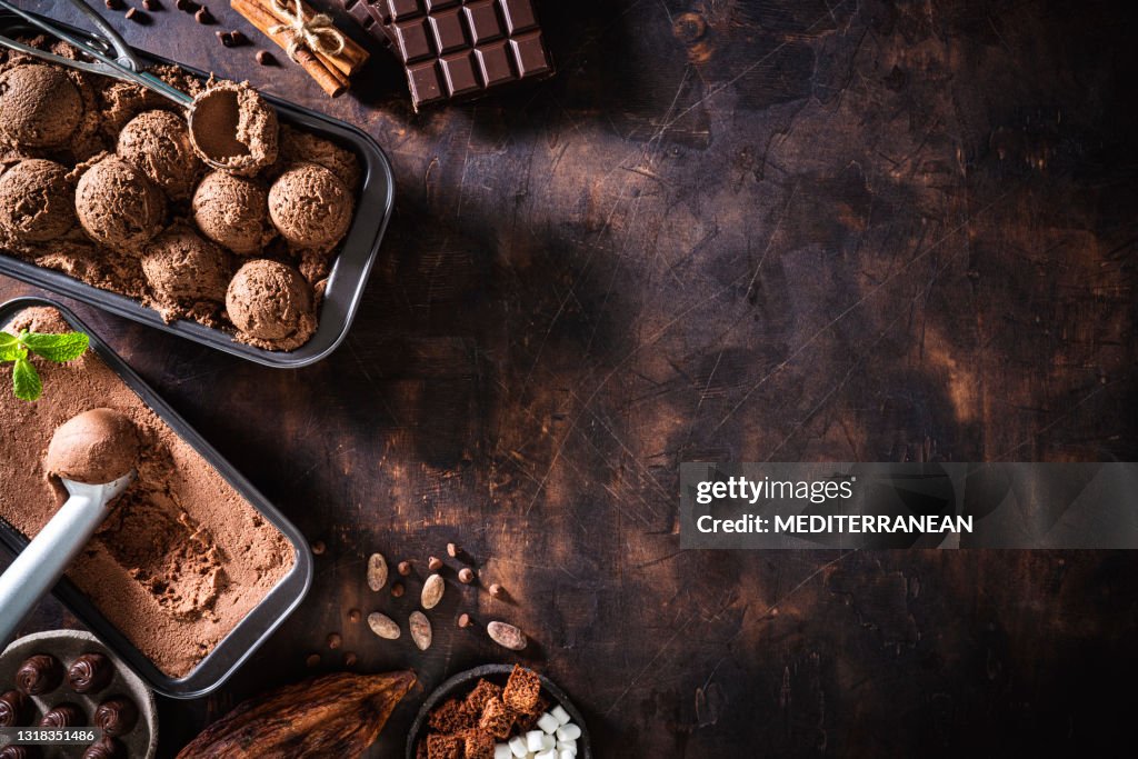 Chocolate ice cream scoop ball serving and chocolates, toppings and ingredients