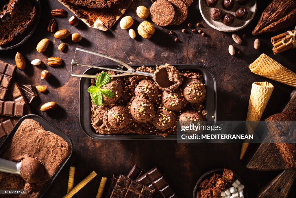 Chocolate ice cream scoop ball, waffle cone, chocolates and mint leaf and toppings
