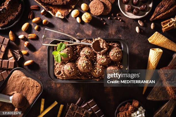 chocolate ice cream scoop ball, waffle cone, chocolates and mint leaf and toppings - chocolate cake above stock pictures, royalty-free photos & images