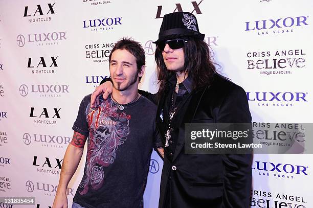 Sully Erna of the band 'Godsmack' and Criss Angel arrive for Criss Angel's birthday and 1000th 'Criss Angel BeLIEve' show at LAX Nightclub on...